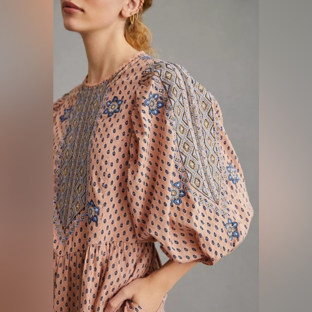 ANTHROPOLOGIE  Embroidered Cotton  Boho Mini Tunic Dress SZ 6 - Picture 17 of 17